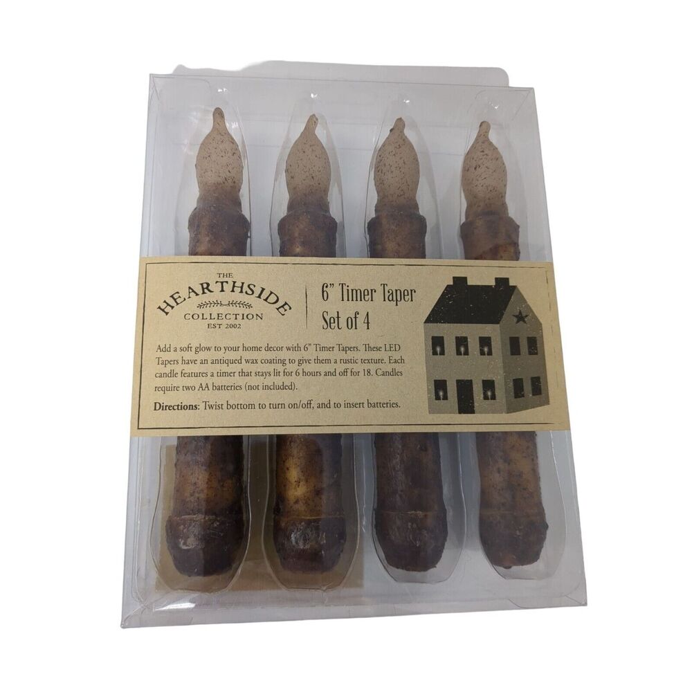 LED Burnt Mustard Battery Operated TIMER Taper 6 inch Candles Boxed Set of‎ 4